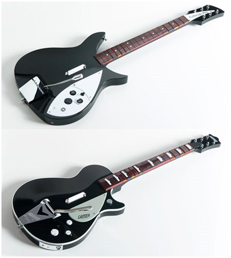 Beatles Rock Band met custom gitaren
